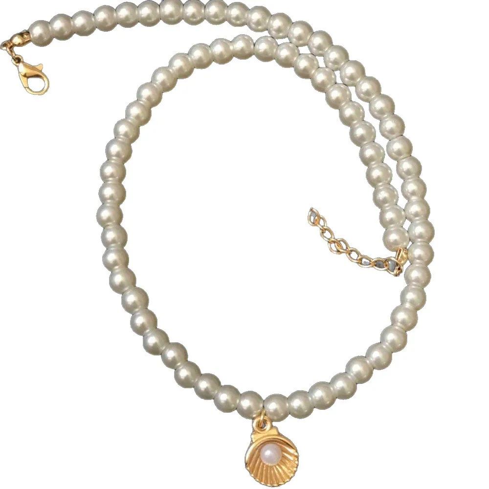 Pearl Beaded Choker With Natural Shell Pendant, Healing Shell Gemstone Necklace, Elegant Versatile Women Jewelry