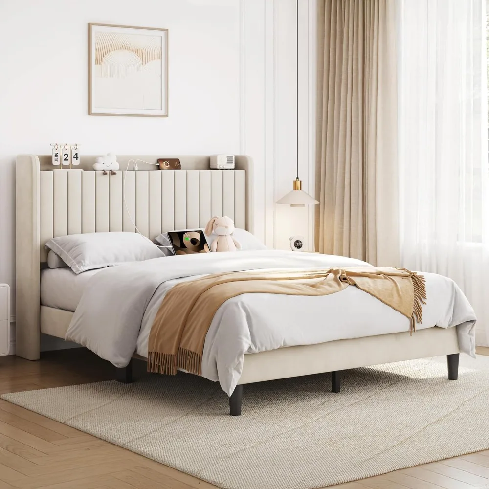 

Queen Bed Frame with USB Charging Station and Storage Shelf/Upholstered Headboard Platform Bed with Wing Side/Wooden Slats