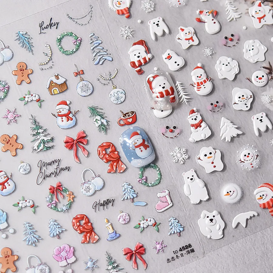 Snowman Scarf Warm Ears Pine Bowknot Christmas Tree Gingerbread Elk Winter Snowflakes Santa Deer Nail Art Sticker Manicure Decal