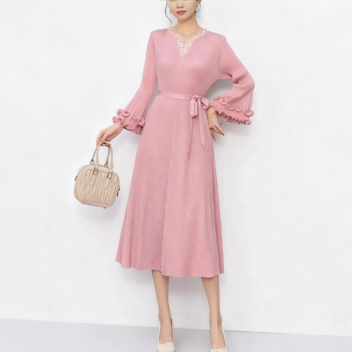 Ele Pleated Midi Dr Women's Long Sve Bell Sve Floral  A-Line Skirt Polyester Knitted Dr for Busin Casu...