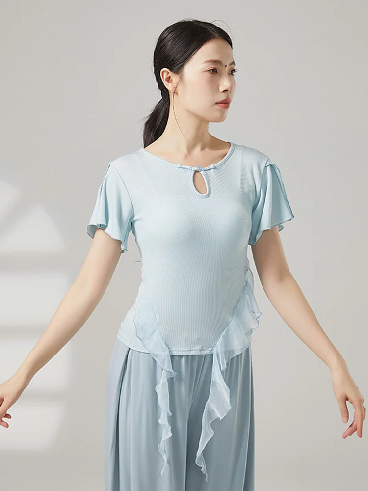 Solid Color Ballet Top for Women, Ruffle Hem Short Sleeve Crew Neck Dance Shirt for Stage Performance & Training
