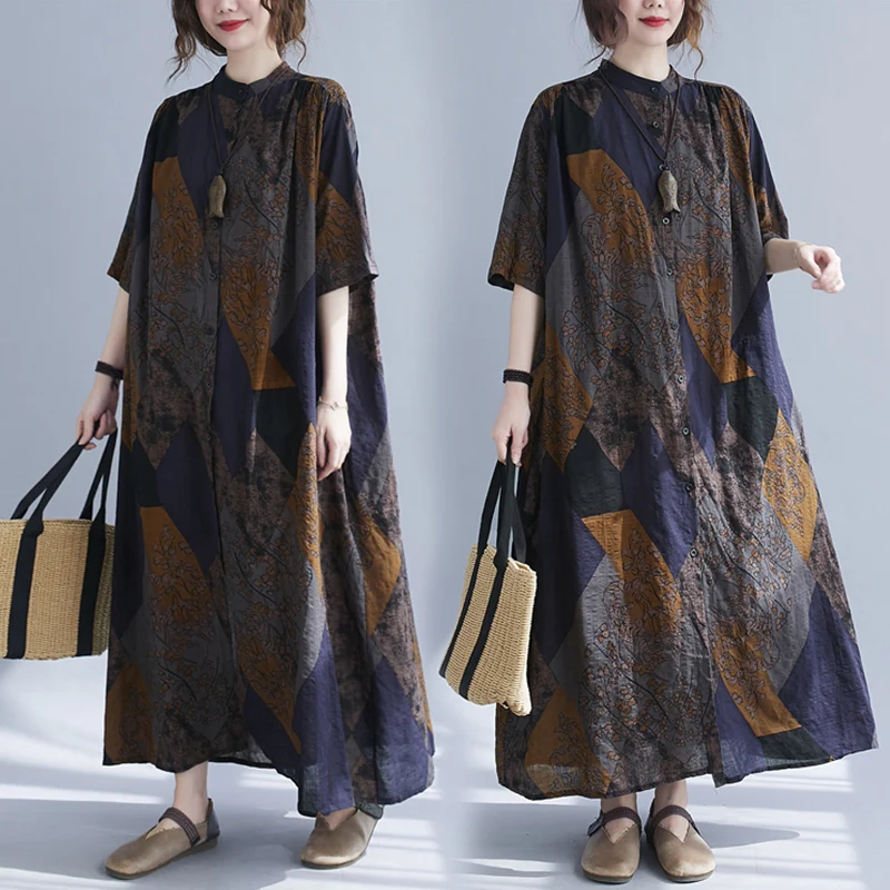 

Большие размеры, лоскутная цветная длинная юбка с воротником-стойкой и пуговицами, женская летняя одежда Faion для поездок на работу