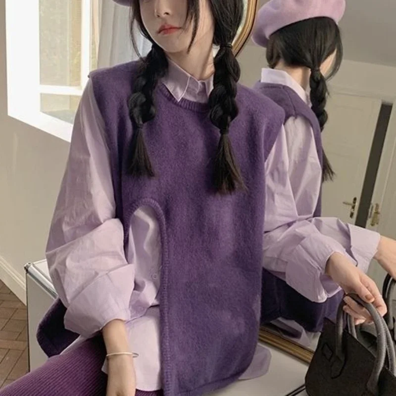 Vest Long Knit Tops for Woman Round O Neck Slit Purple Women\'s Sweater Economics Modern Jumper Trend 2024 Designer Sleeve New In