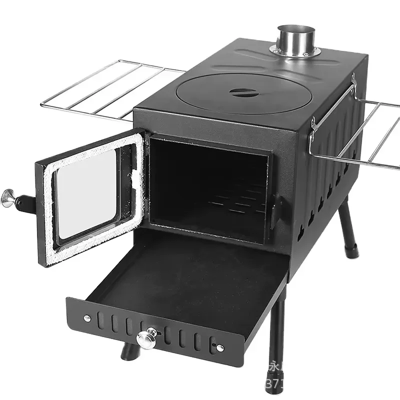 Portable Stainless Steel Wood Burning Stove with Folding Glass Window Removable Flame Observation for Outdoor Activities