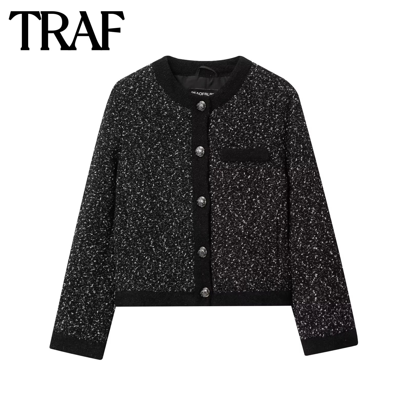 

TRAF round neck long sleeved women's autumn new item 2025 single breasted textured gold small fragrant style jacket