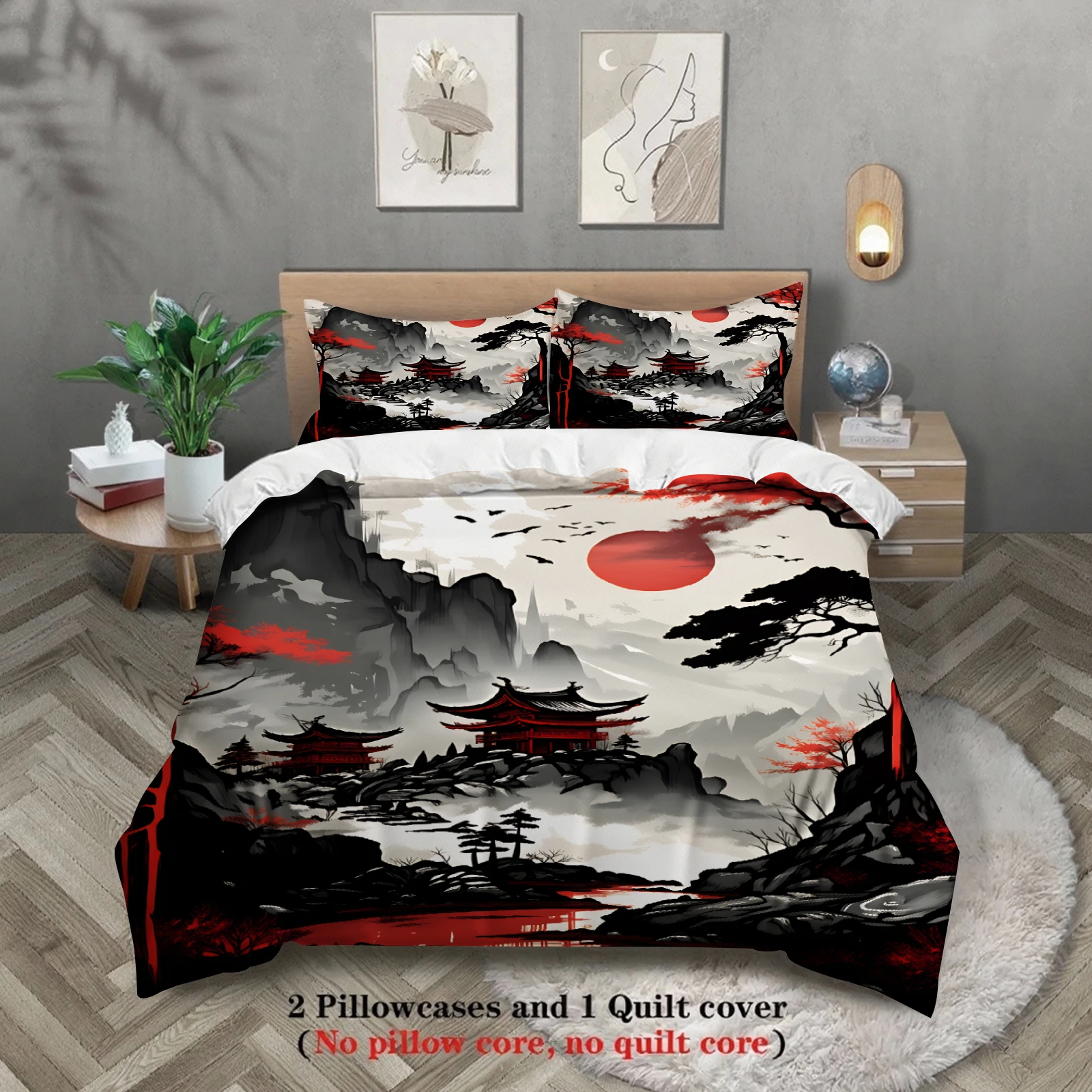 3pcs Japanese Landscape Bedding Sets 3D Printed Mountain Temple And Red Sun Duvet Cover Sets With Pillowcases No Filling