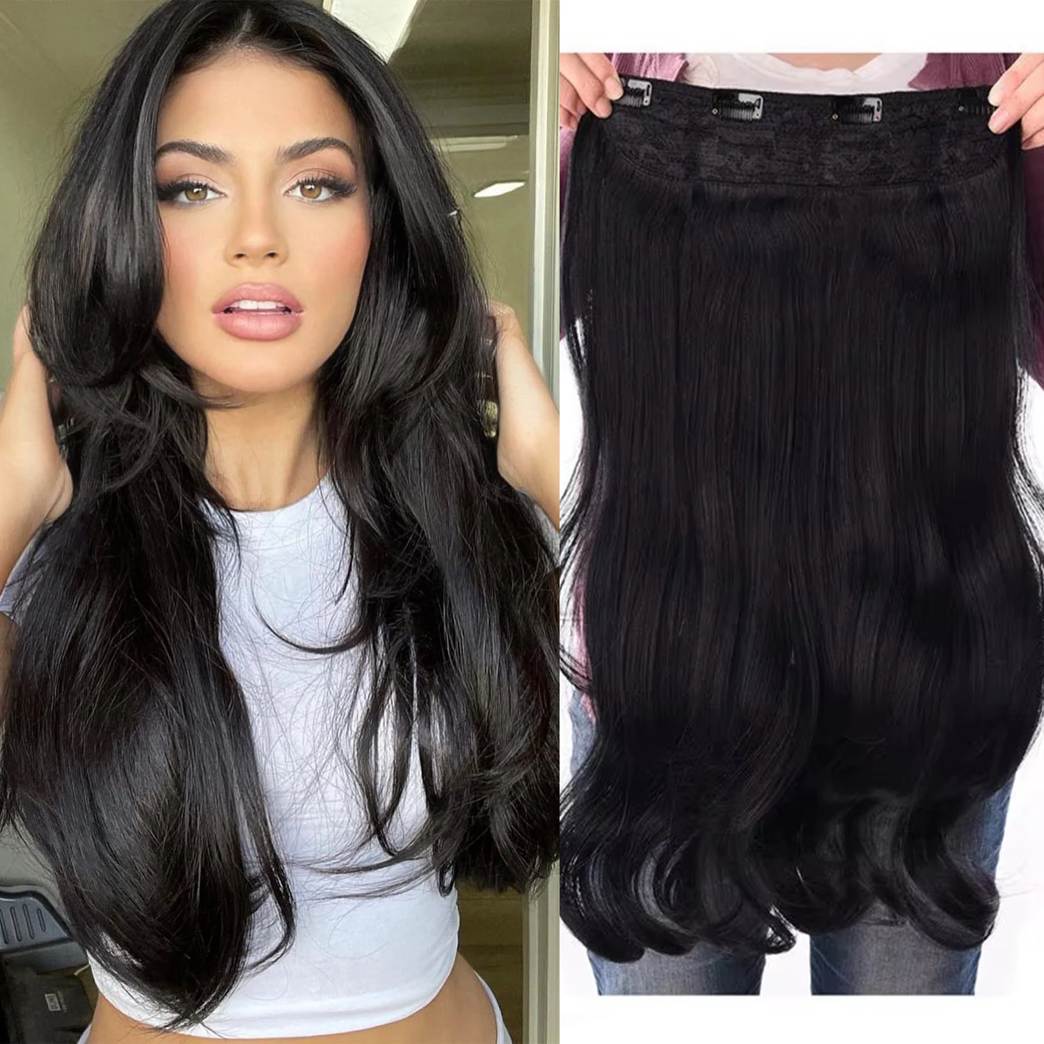 24 Inch Synthetic Long Wavy Curly Clips in Hair Extensions for Women with Adjustable 4 Secure Clips in One Hairpieces