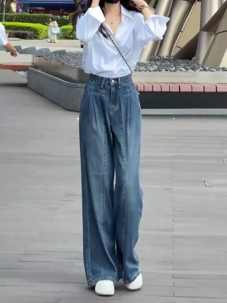 

Джинсы с высокой талией и широкими штанинами, женские осенние новые джинсы свободного покроя, утягивающие драпированные талии, закрывающие бедра в стиле ретро