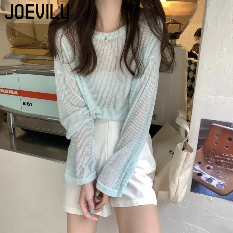 JOEVILU Women's long-sleeved sun shirt Thin girls simple loose T-shirt  Summer Slightly Transparent Bottom Shirt Niche Chic Top