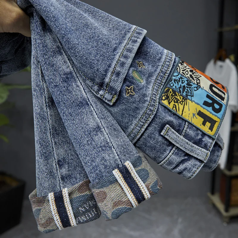 High-End Jeans Men's 2024 Spring and Summer New Retro Blue Water-Washing Embroidery Printed Pencil Pants Casual Slim-Fit Pants