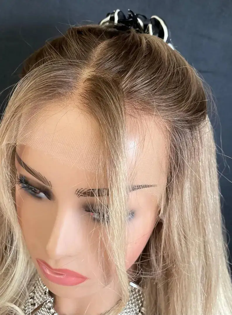 شعر مستعار أشقر فاتح مع جذور داكنة، شعر مستعار صناعي مموج بدانتيل أمامي، شعر مستعار عالي الكثافة، خط شعر ناعم يوميًا #5