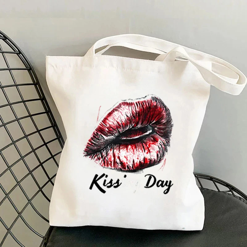 Bolso de hombro con estampado de labios besándose día, bolsa de lona de diseñador de moda, organizador de gran capacidad, bolsa de viaje para compras, regalo para amantes