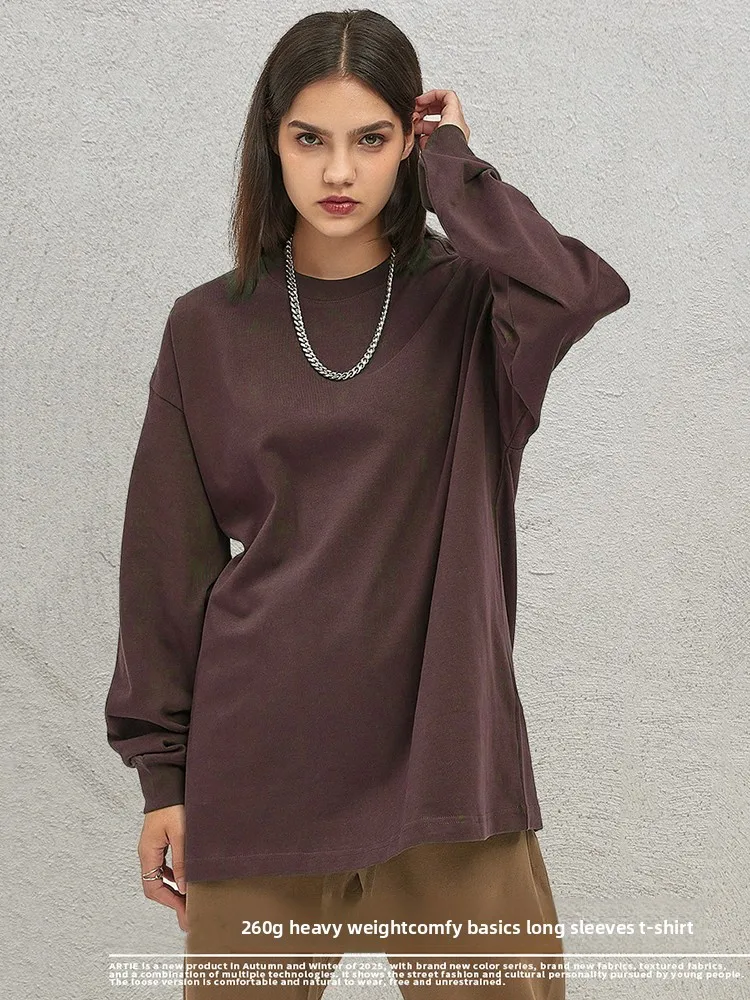 

Новинка 2025, осенняя мужская футболка из 100% хлопка, 260 г/м2, унисекс, свободные тяжелые базовые однотонные футболки с длинными рукавами, топы