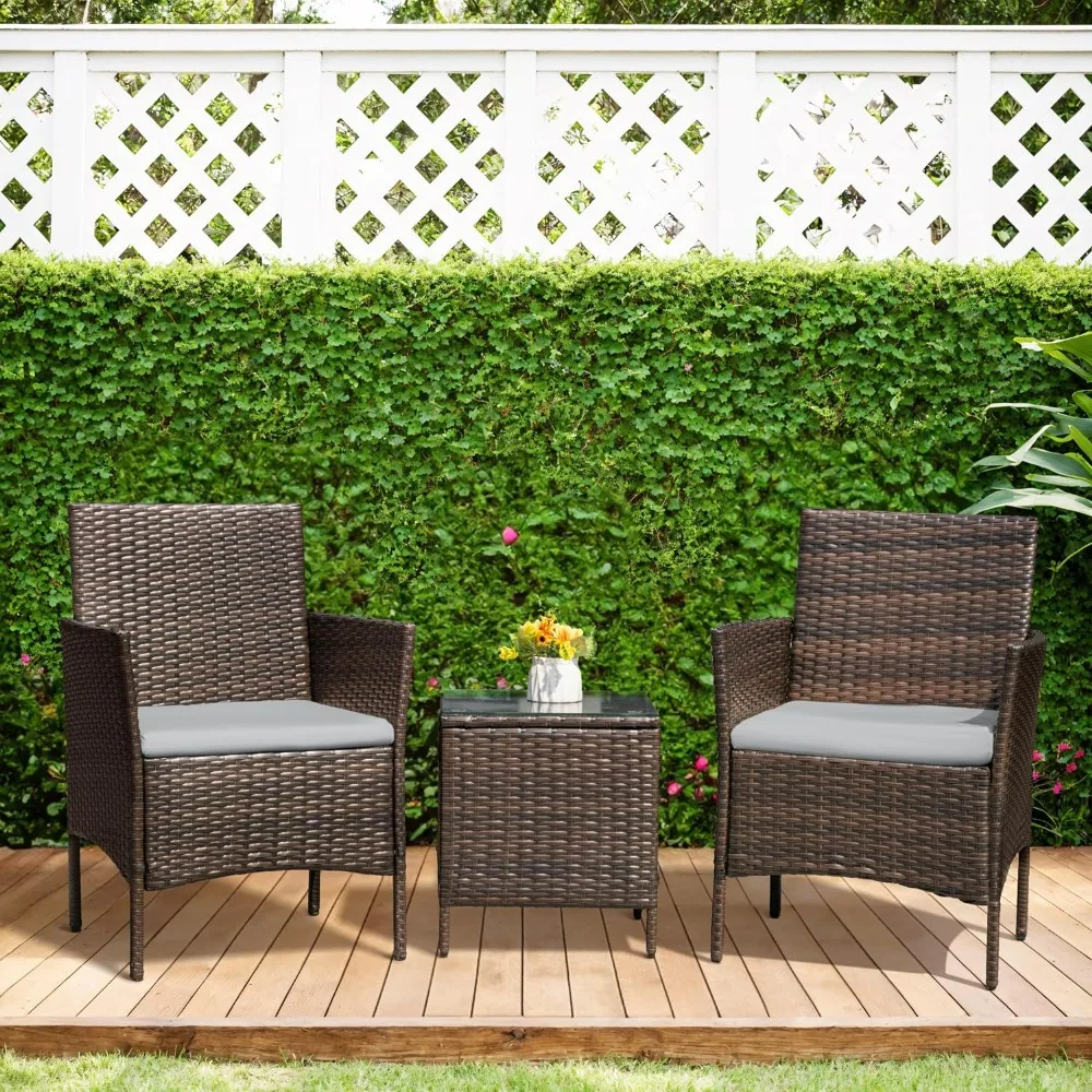 Patio Furniture Set 3 Pieces All-Weather Rattan Outdoor Furniture, Patio Chairs with Tempered Glass Table for Porch Bistro