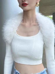 Womens Elegant Sexy Coat Crop Top For Women Fashion Fur Collar Knitted Tops 2024 Autumn Winter Jacket Woman Clothing