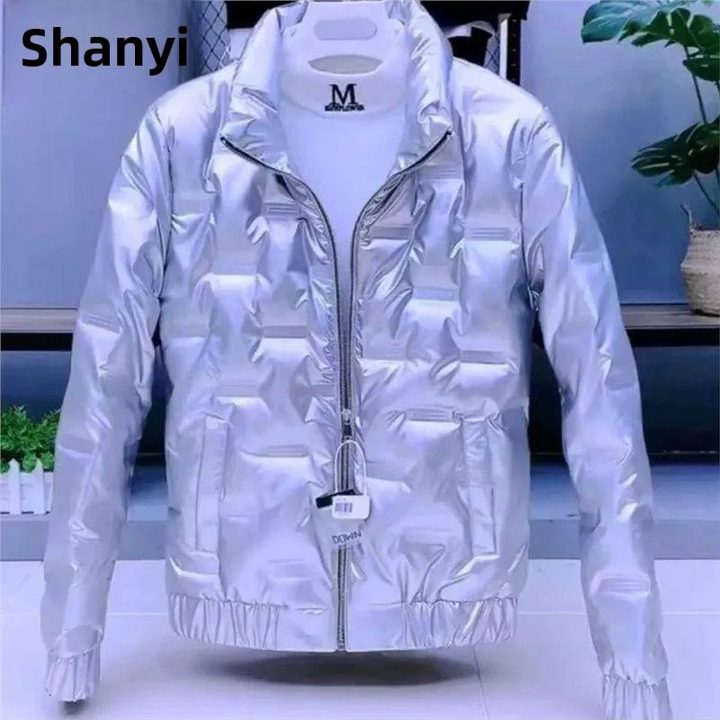 

Silver iny Leather Men's down Cotton Jaet Stand Collar Slim Fit Coat ort Sle No Hoodie Brand Knot Element