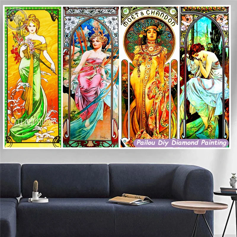 Witraż Alfony Maria Mucha Cztery razy Diamond Art Painting Lady Floral Rhinestone Photo Crystal Cross Stitch Decor