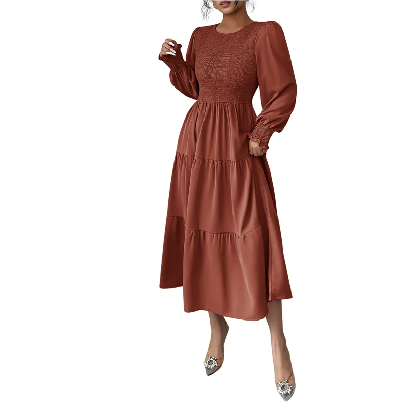 Abrt-vestidos de convidados de casamento para mulheres, manga longa bufante, casual, gola redonda, em camadas, linha a, vestido longo fluido