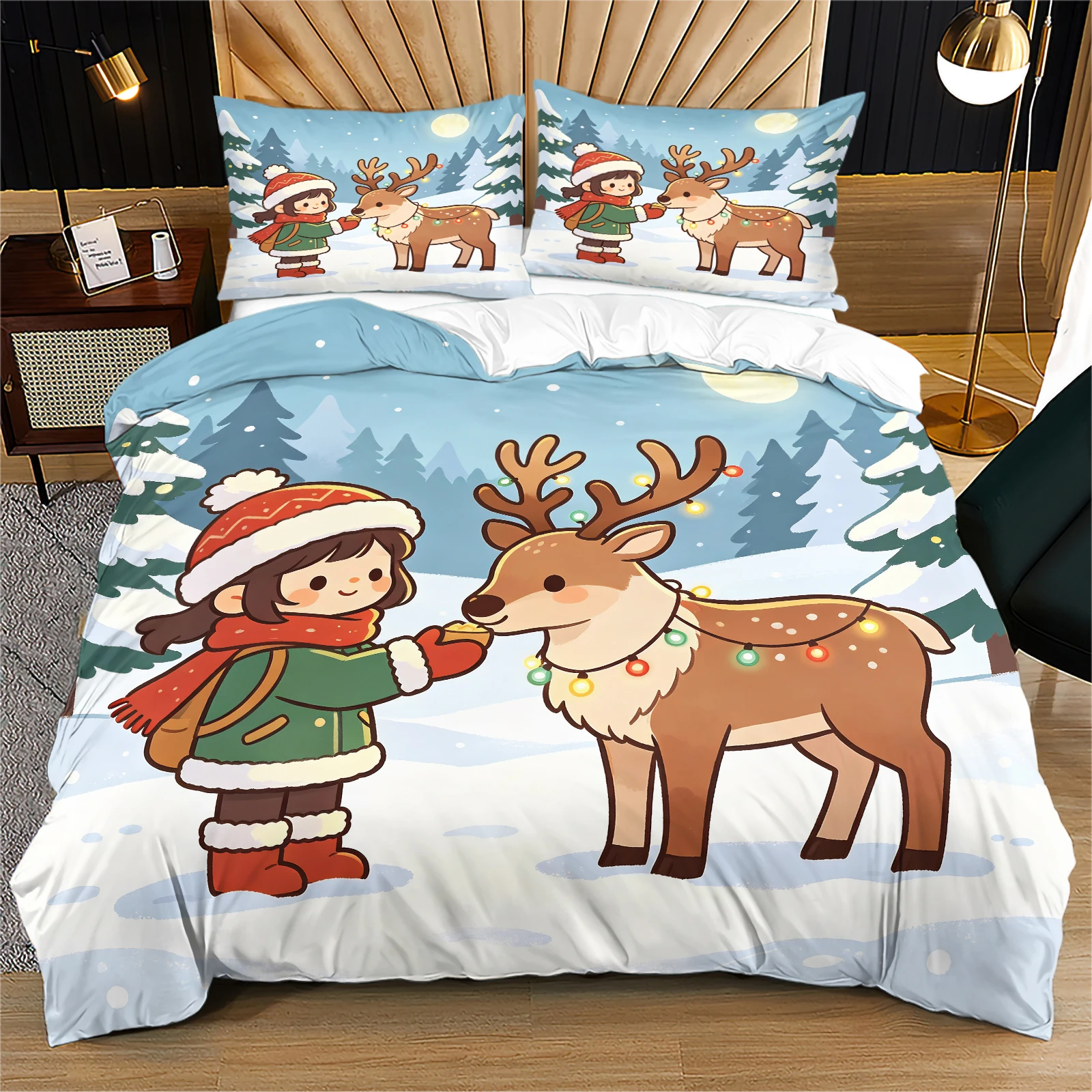 Cute Winter Feeding Reindeer Duvet Cover Set Adorable Little Girl In Winter Outfit Sweet Cozy Decor For Bedroom