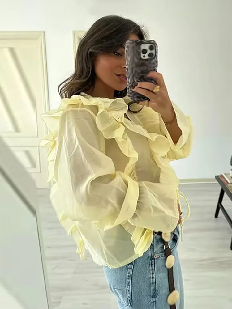 

HH женские новые модные шикарные блузки желтые с v-образным вырезом и длинными рукавами с бантом на шнуровке украшения женские летние повседневные тонкие рубашки