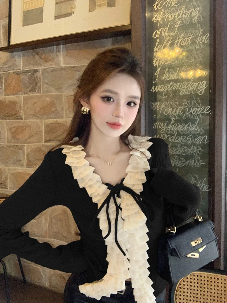 V-neck Sweaters Women Ruffles Lace-up Autumn Winter Maillard French Style Elegant Long Sleeve Versatile Lounge Ladies Tops Chic