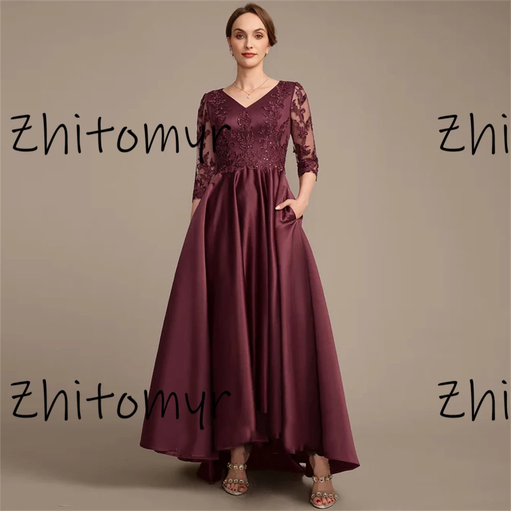 2024 elegant high quality Women Satin Pleated A-Line Dress Solid Color V-Neck Lace Dress Half Sleeve Casual Large Hem Dress