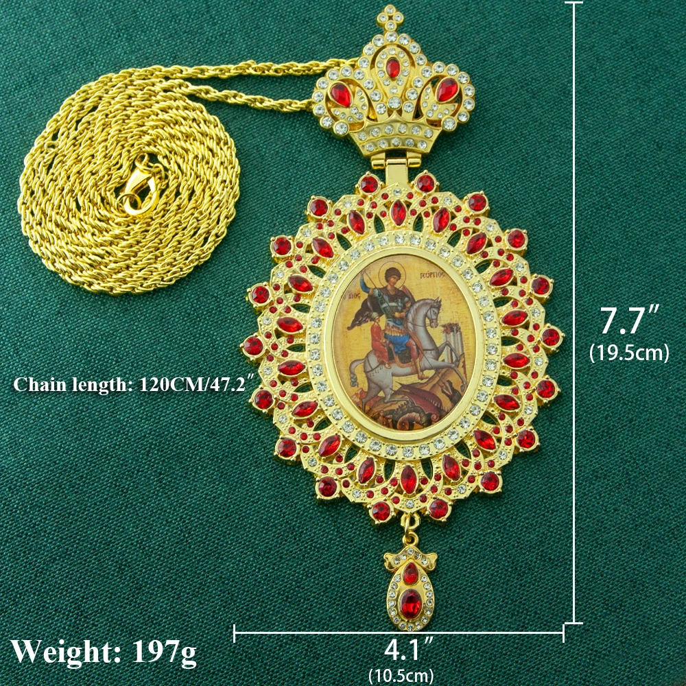 Orthodox Pendant – Zinc Alloy George Dragon Slaying Icon Necklace with Red Rhinestones (Gold) & Blue Rhinestones (Silver) Religi