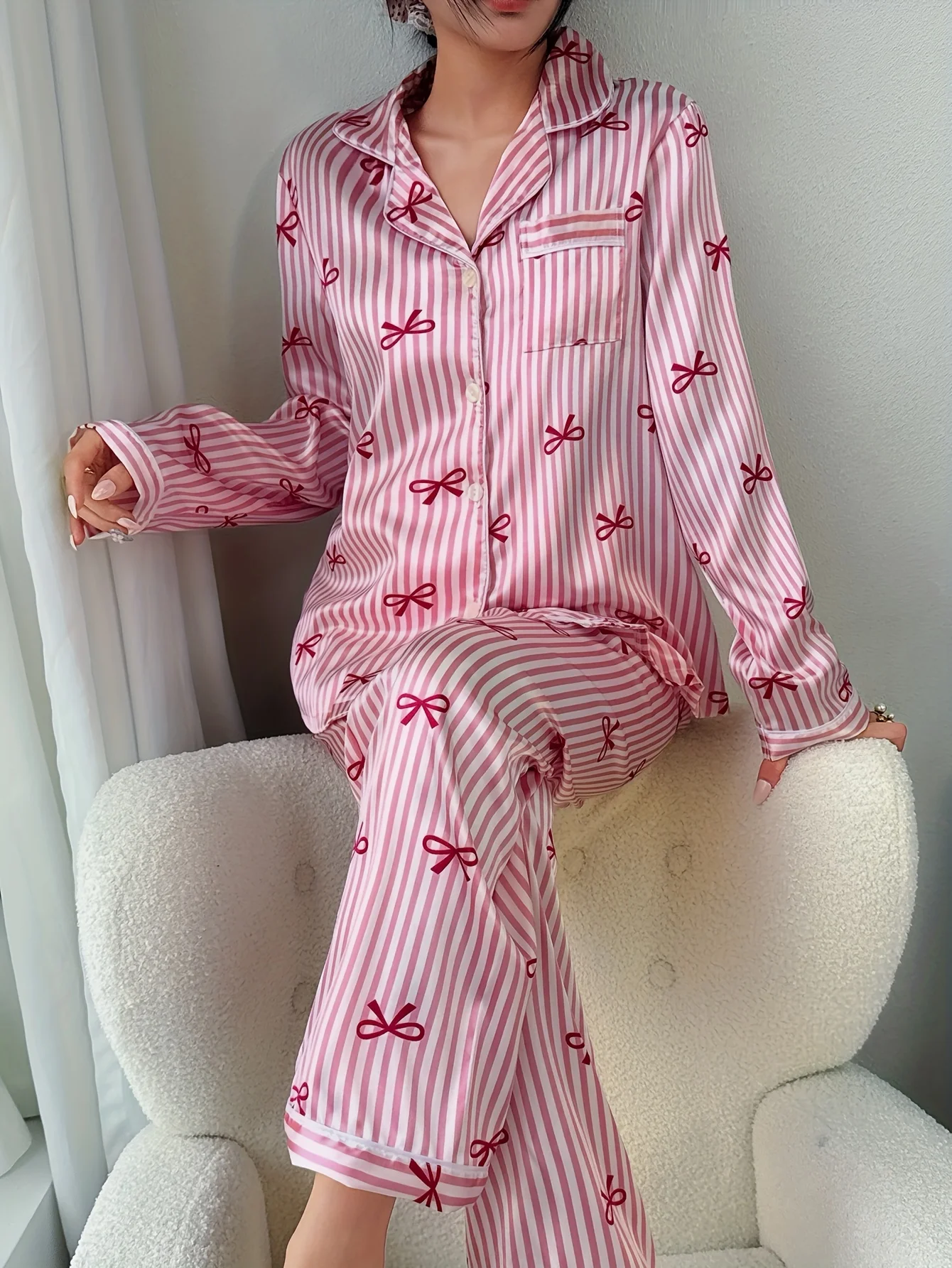 Four Seasons Can Wear Korean Style Bow Women's Pajamas Tops and Pants Summer Ladies Sleepwear Homewear Girl Sweet Nightwear view 4
