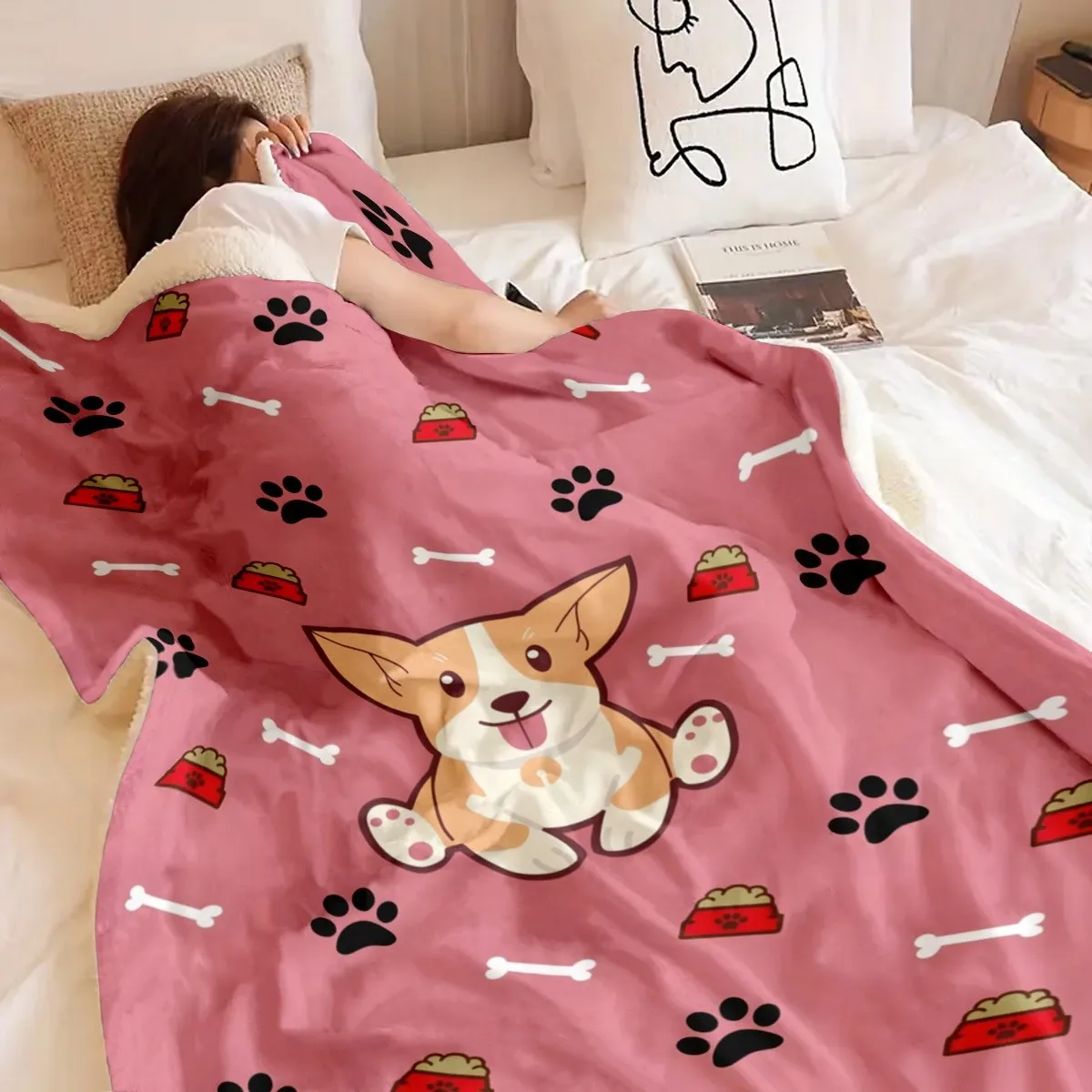Cute Corgi Cartoon Throw Blanket, Multiple Specs Available (75*100cm/100*150cm/130*150cm/150*200cm/180*220cm), Soft & Cozy, Idea