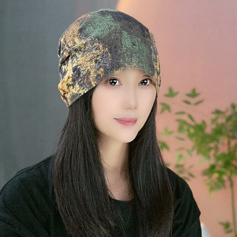 Casual Oil Painting Style Beanie Cap Double-sided Slouchy Hat Cold-proof Keep Warm Cover Head Cap for Women