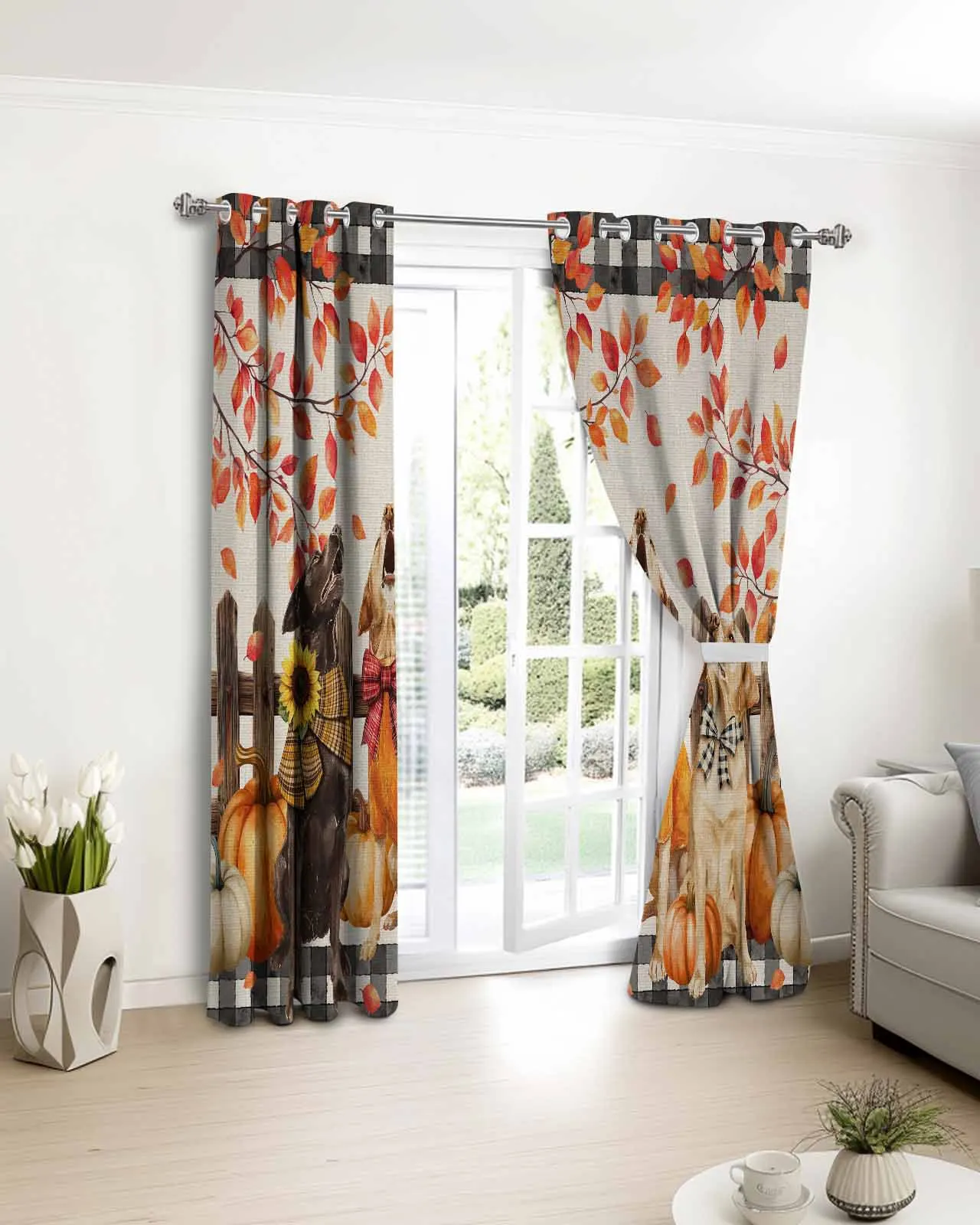 

Linen Autumn Pumpkin Dog Curtains For Kitchen Bedroom Window Treatment Curtains for Living Room Home Decor Drapes