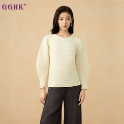 GGHK Pleated Women Sweater 2024 Autumn Winter New Solid Color Round Neck Long Sleeve Loose Large Size Design Aesthetic Apparel