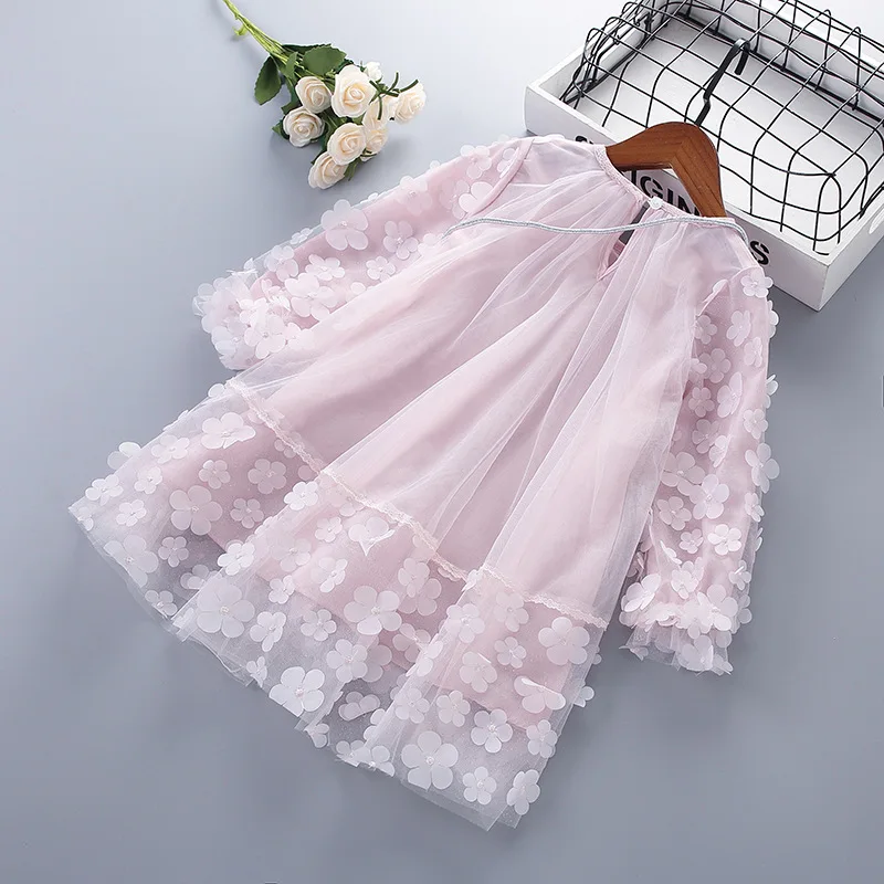 Spring new children's dress for girls clothes mesh yarn flowers shiny with bags long-sleeved