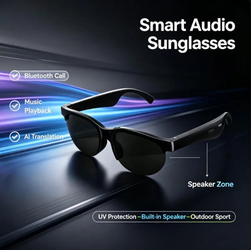 Smart Audio Sunglasses Bluetooth Call AI Translation Open‑ear Audio UV Protection Built‑in Speaker Outdoor Sport Glasses