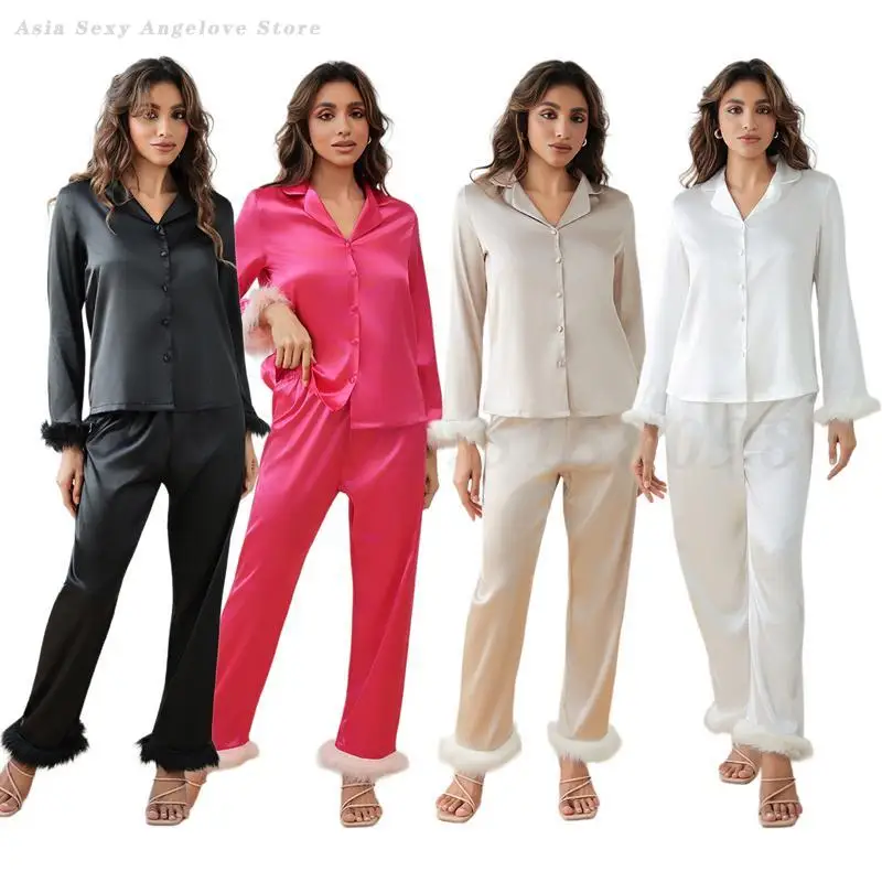 

Women Luxury Feather Sleepwear Satin 2PCS Shirt&Pants Pajamas Set Solid Nightwear Sexy Intimate Lingerie Loose Casual Homewear