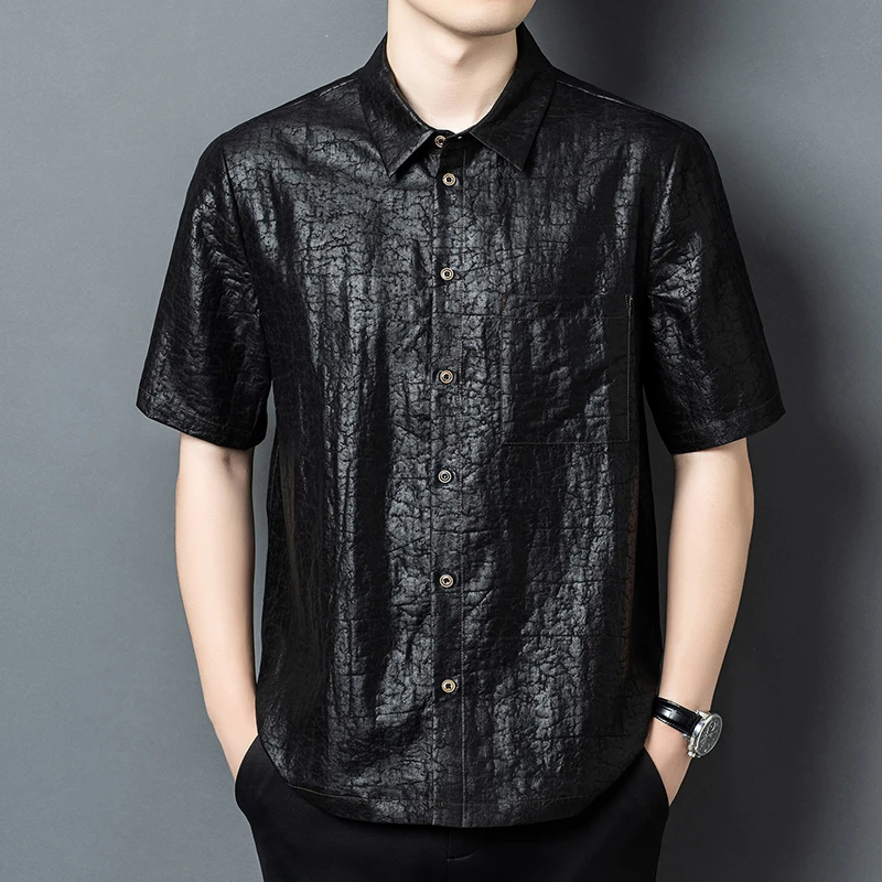 Мужские рубашки из 100% шелка с эффектом кракле, с коротким рукавом, атласные, летние, легкие, роскошные, оверсайз, Camisas De Hombre