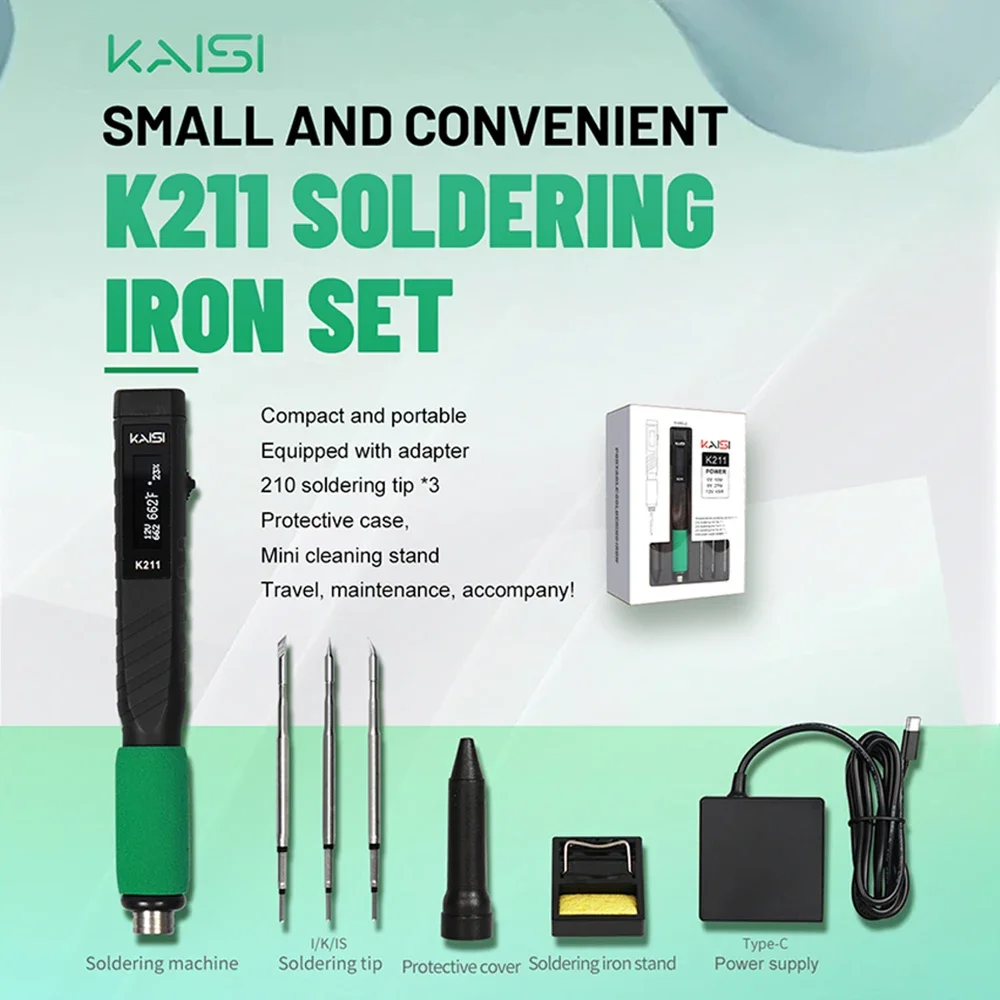 Kaisi 전기 납땜 다리미 키트, C타입 고속 충전 USB 납땜 스테이션, 휴대폰 PCB CPU 용접 도구, K211 C210, 65W
