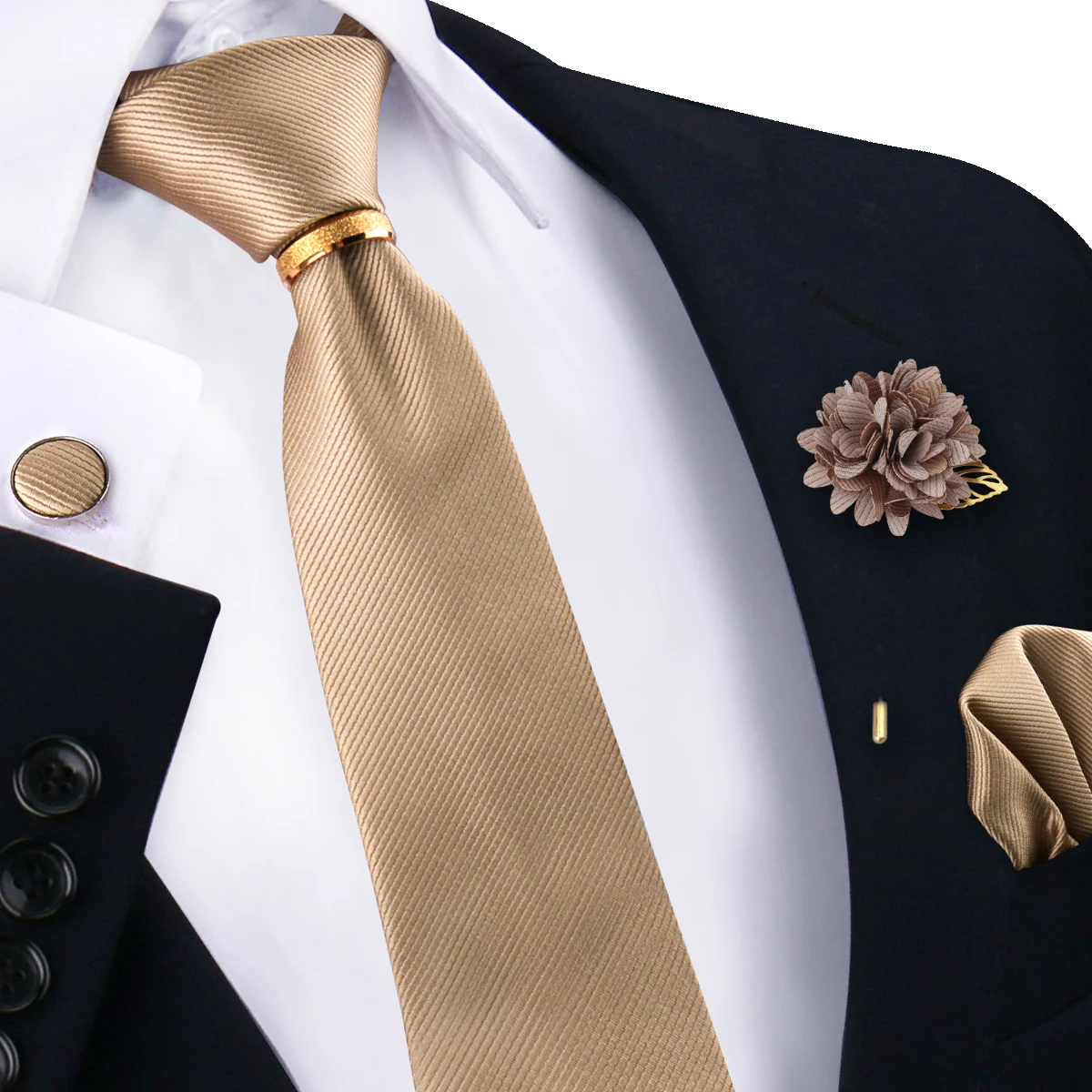 Luxury Solid Color Ties Set For Men Necktie Handkerchief Cufflinks With Gold Ring Floral Brooch Suit Wedding Men Accessories