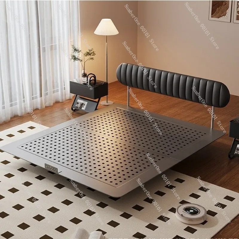 Elegant Modern Floating Bed Frame Ultra Thin Carbon Steel Iron Bed French Bread Style Upholstered Genuine Leather Platform Bed