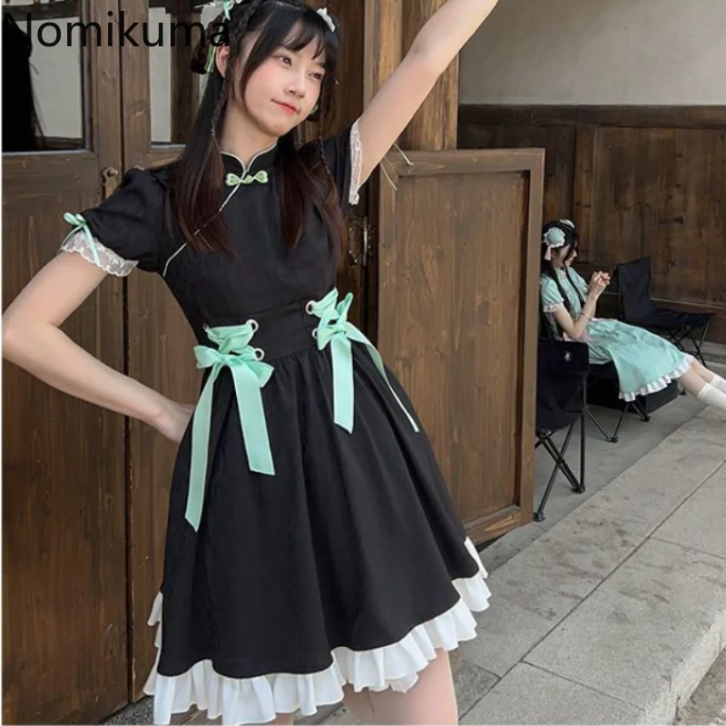 Sweet Woman Dress Lolita Style Vestido Femme Stand Neck Ruffles Summer Robe Femme Fashion Bandage Vintage Chinese Style Dresses