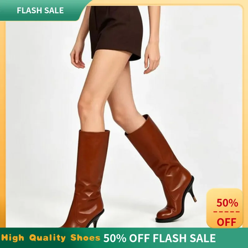 Soft Mid Calf Boots Oblique Stiletto Heel Zipper Closure PU Upper Rubber Sole Comfort Warm Boots Light Brown Plus Size34-43F154