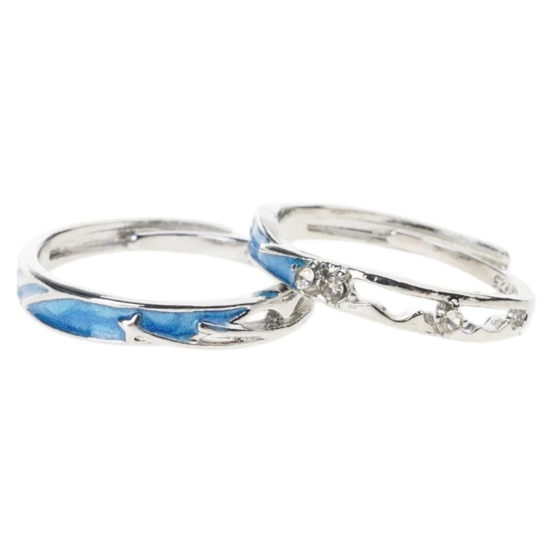 2pcs Sea Blue Meteoric Star Couple Matching Rings Adjustable Promise Wedding Bands Jewelry Gift for Women Men