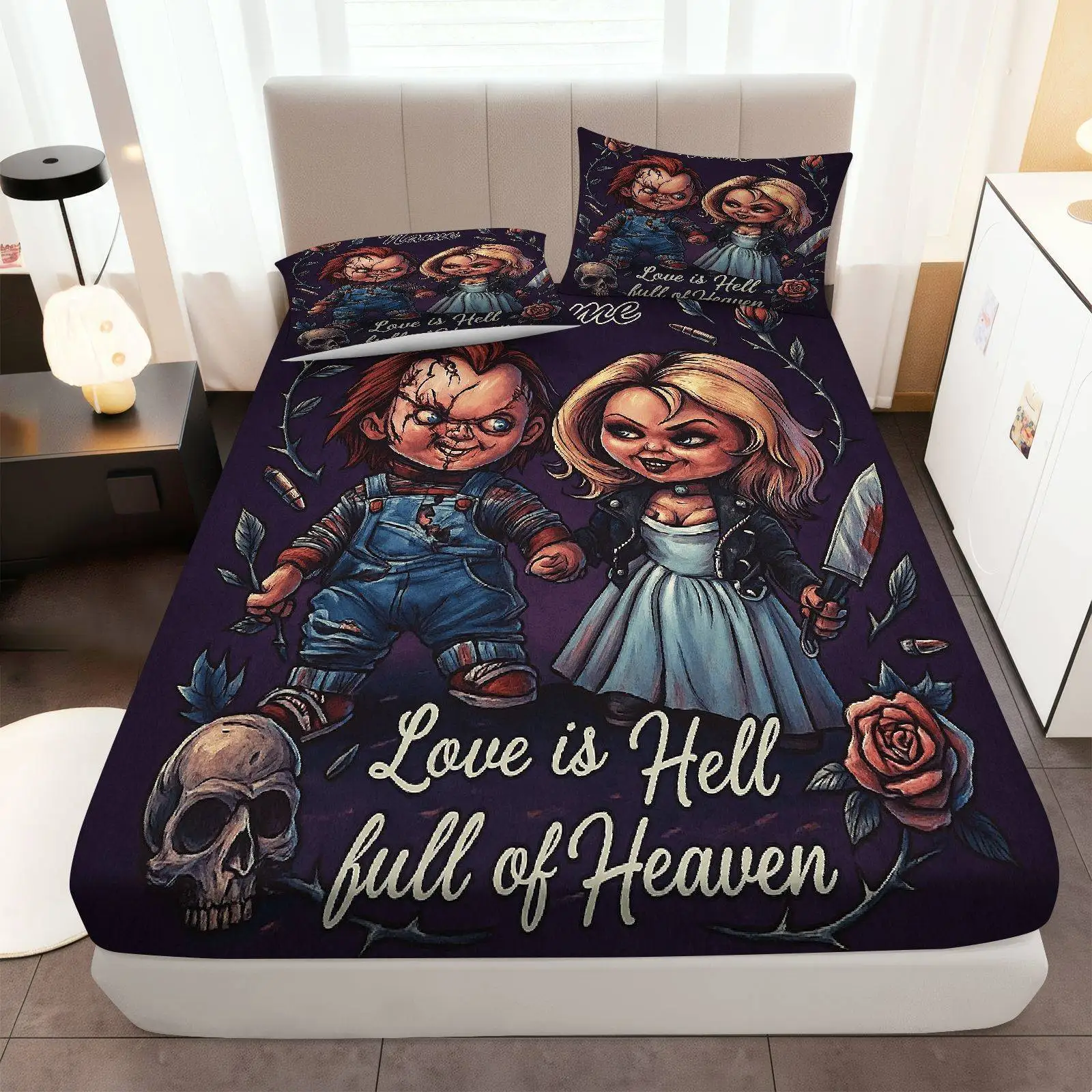 Three-Piece Horror Doll Skull Rose Bed Sheet Set (Includes 1 Fitted Sheet + 2 Pillowcases, No Inserts), Halloween Theme, Thriller Bedding, Soft and Breathable Mattress Protector