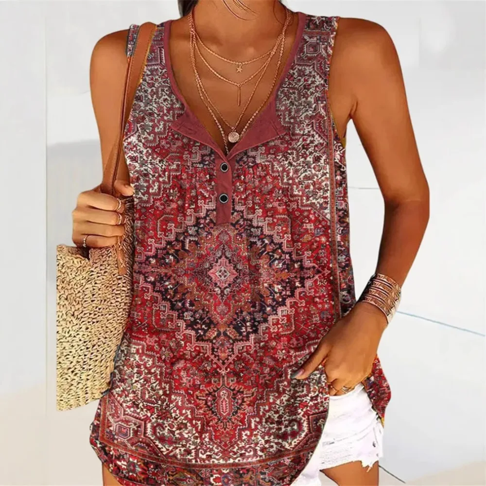 Women Bohemian Ethnic Printed Tank Top Summer V Neck Button Front Vintage Sleeveless Casual Tops