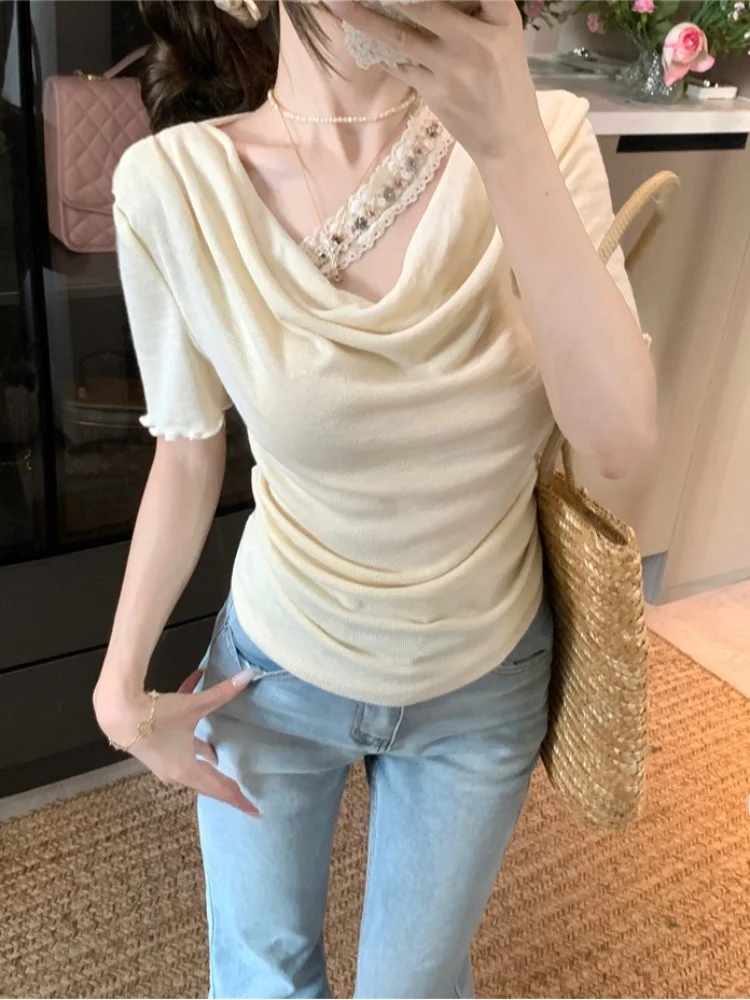 

Korean Style Short Shoulder T-Shirt Women Summer Design Unique Splice Baring One Shoulder Sweet And Spicy Girl Top