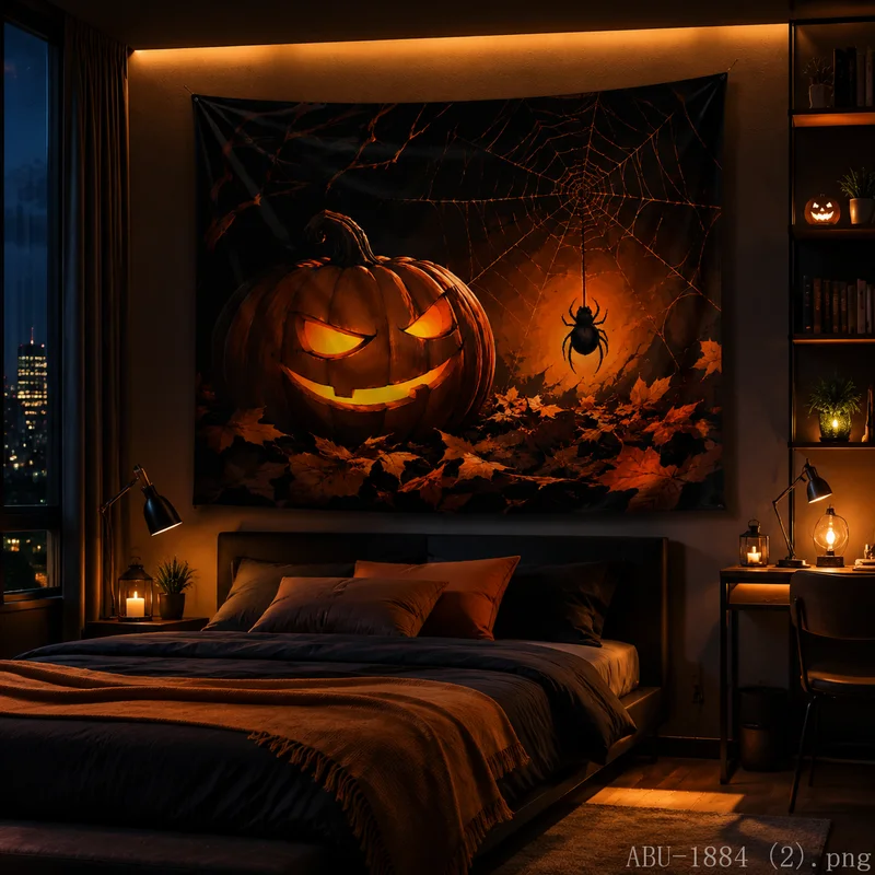 VIKAMA Halloween Party Tapestry, Evil Pumpkin with Autumn Leaves Wall Hanging for Bedroom Living Room Decor