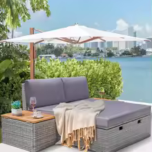 2-Person Wicker Convertible Daybed with 2 Side Tables