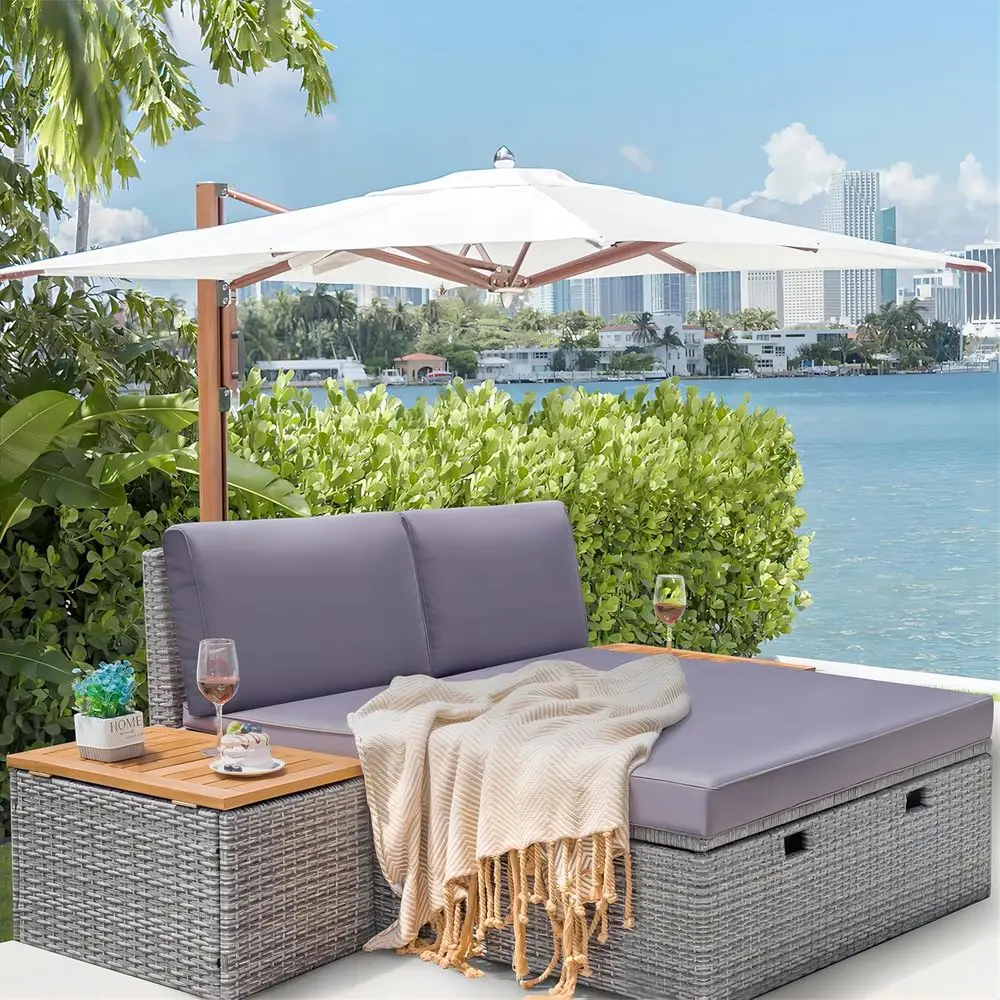 Outdoor Daybed Set Multifunctional Wicker Lounge Bed with Two Side Tables, Cushions, Storage Bench, Porch Lawn Patio Beach, OneS