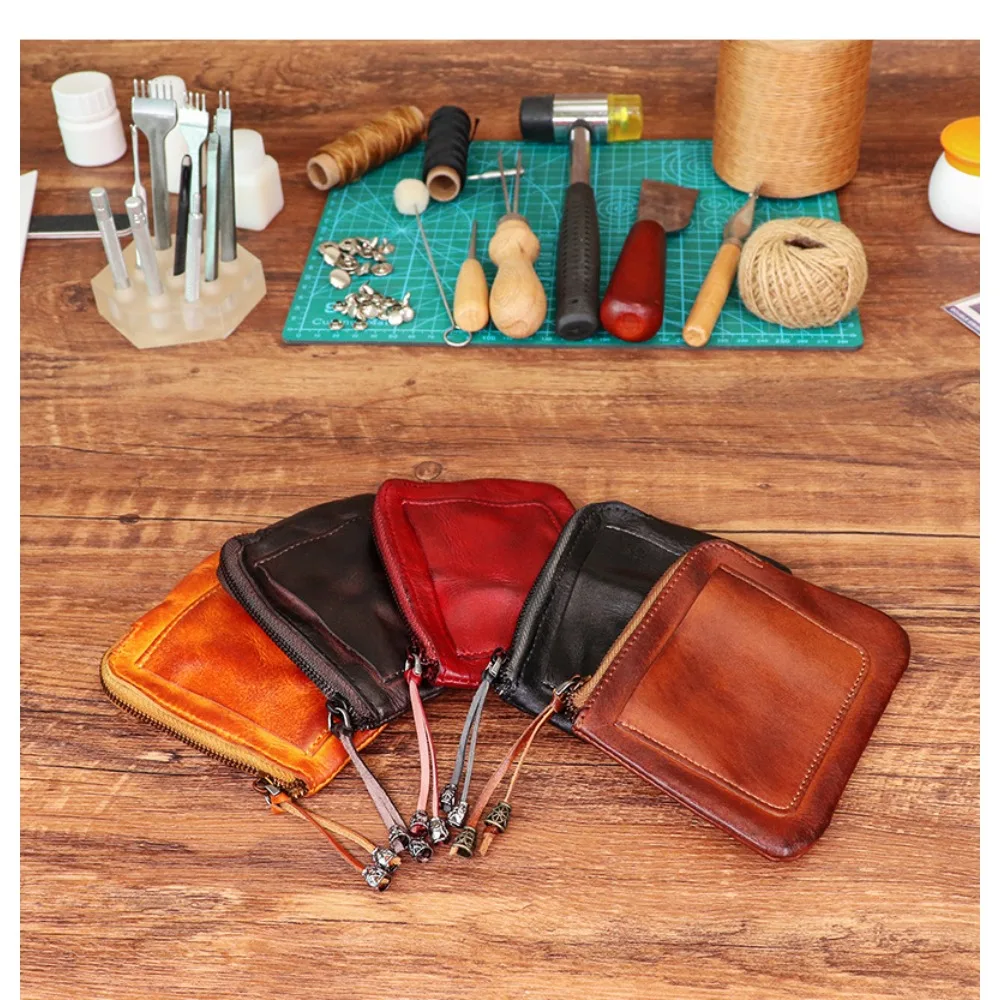 

Real leather short-style retro zipper small purse for ladies, handmade distressed and colored mini coin wallet bag