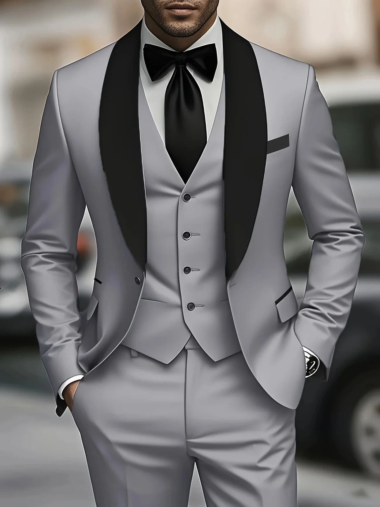 

Men's business interior and exterior double-color 3-piece suit suit, one-button solid-color jacket and pants, vest, suitable for
